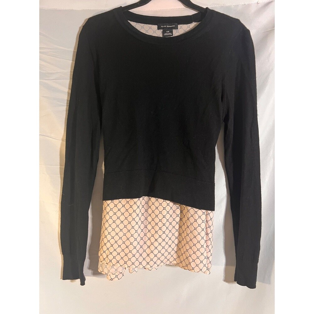 Club Monaco Sweater Women's L Black merino wool & Shirt Back Tie